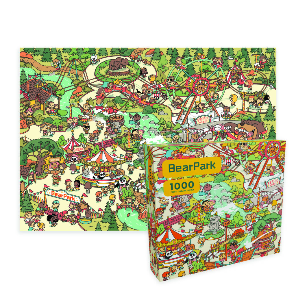 A stack of boxes containing Bear Park's 1000 piece puzzle, manufactured by Ad Magic