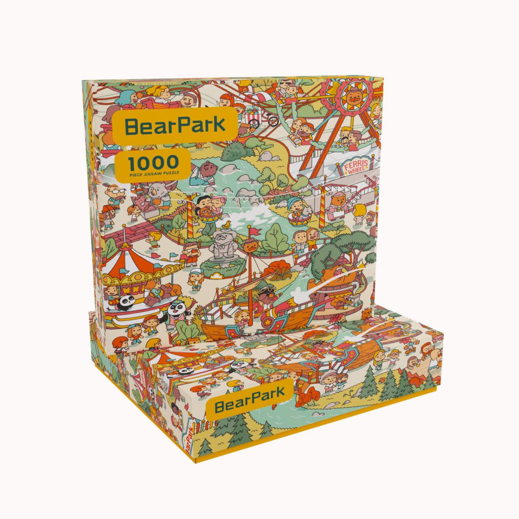 A stack of boxes containing Bear Park's 1000 piece puzzle, manufactured by Ad Magic