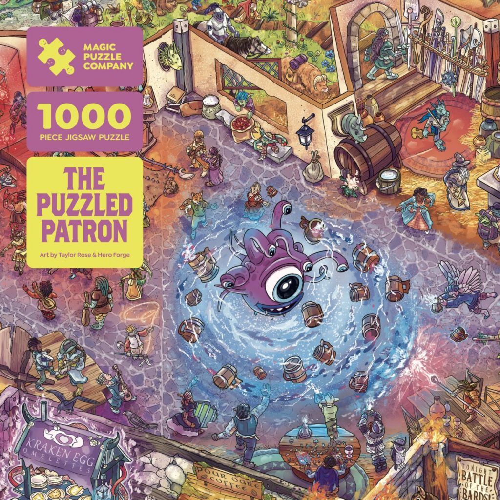 A box containing Magic Puzzle's "The Puzzled Patron" 1000 piece puzzle, manufactured by Ad Magic