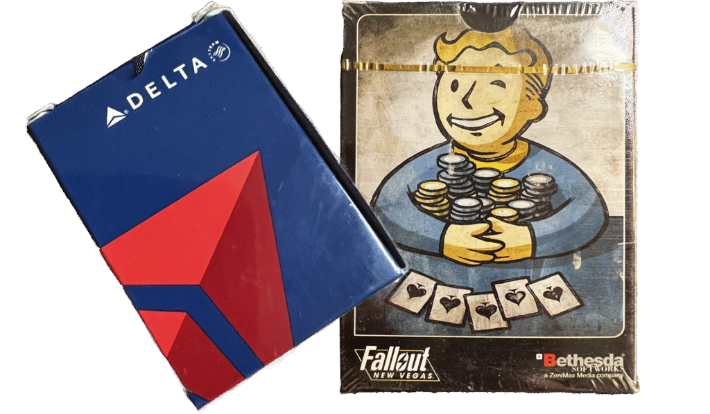Custom promotional playing cards for famous brands and video games: Delta Airlines and Fallout New Vegas
